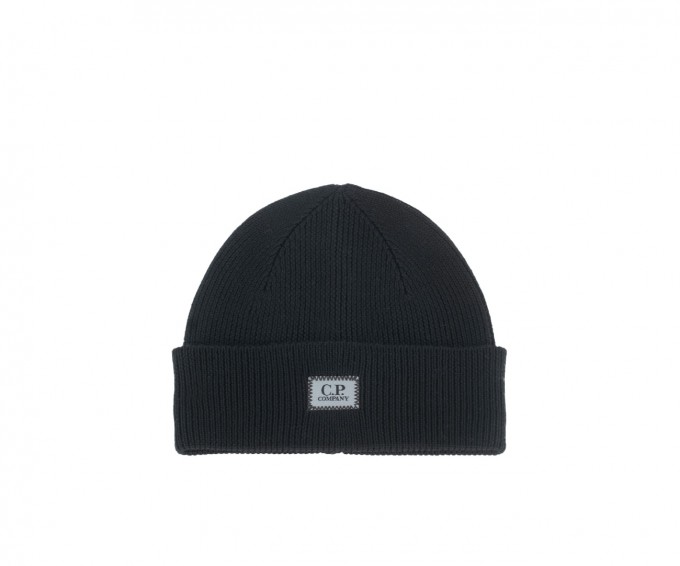 C.P. Company Gerippte Schurwoll-Beanie Merinowolle extrafein Schwarz