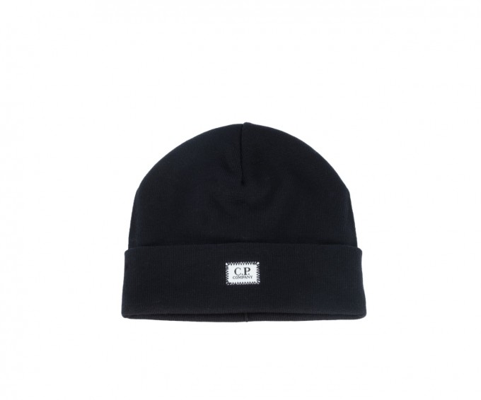 C.P. Company Gerippte Schurwoll-Beanie mit gewebtem Logo Navyblau