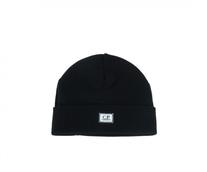 C.P. Company Gerippte Schurwoll-Beanie mit gewebtem Logo Schwarz