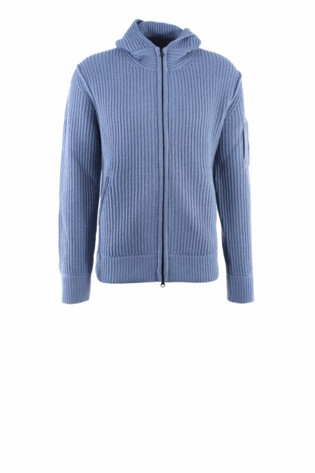 C.P. Company Kapuzenstrickjacke aus Schurwolle und Polyamid in Hellblau