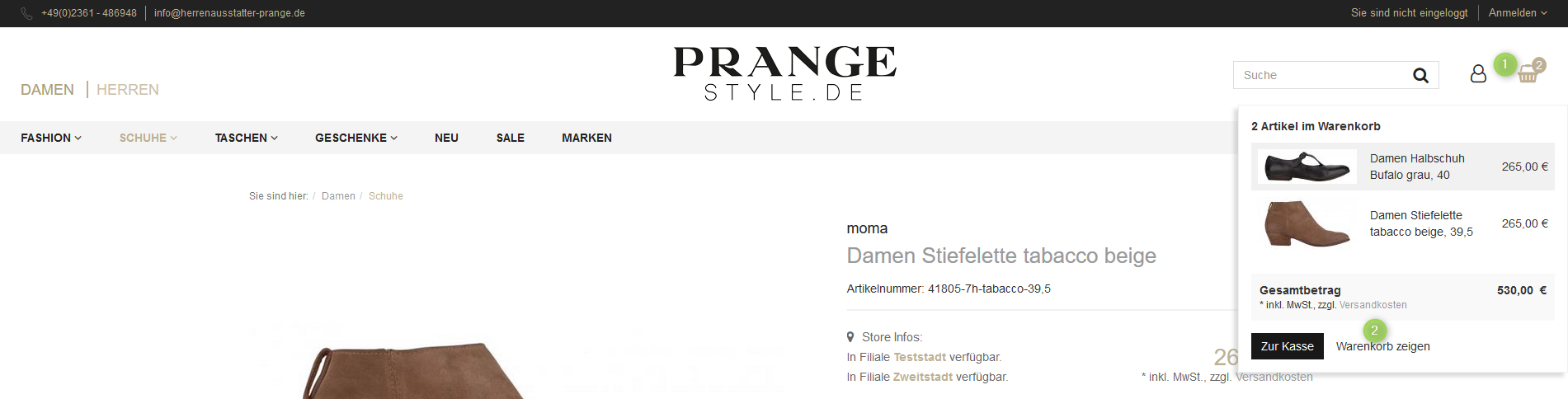 Artikel im Warenkorb bei Prange Style