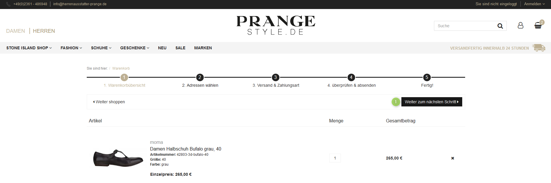 Artikel im Warenkorb bei Prange Style